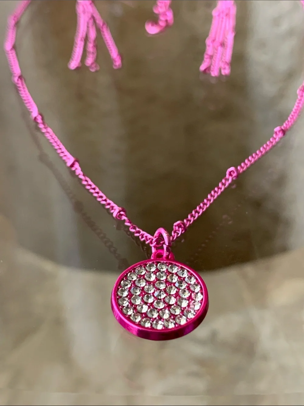Crystal Pave Round Pendant Necklace and Tassel Earrings set